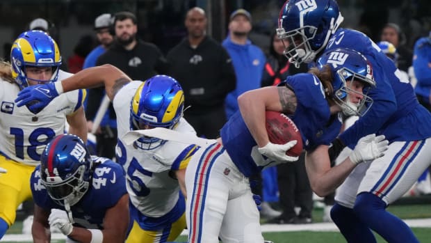 East Rutherford, NJ, December 31, 2023 -- Gunner Olszewski of the Giants returned this punt for a TD in the second half. The Los Angeles Rams edged the New York Giants 26-25 on December 31, 2023, at MetLife Stadium in East Rutherford, NJ.